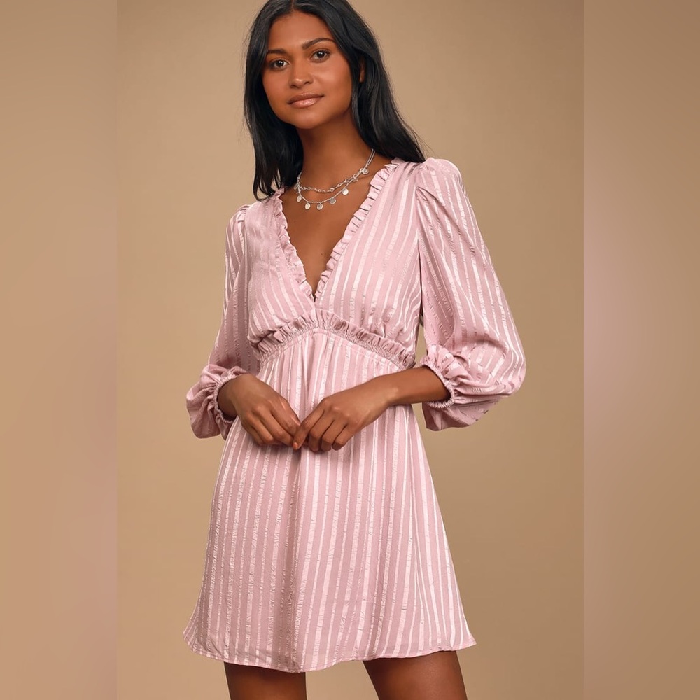 Lulus Forever In My Heart Mauve Striped Balloon Sleeve Mini Dress